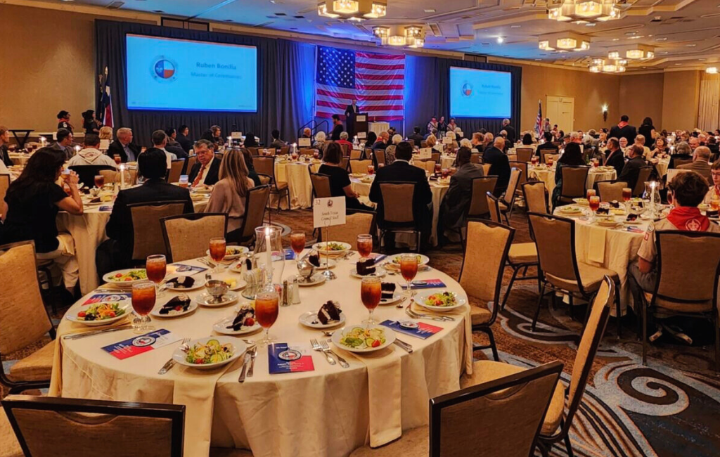 Tables at charity dinner with American flag decoration